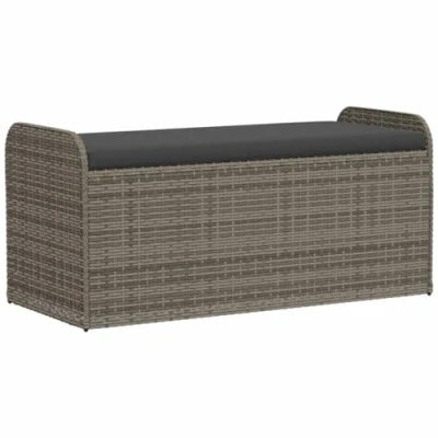 Imagen de vidaXL Banco de almacenaje con cojín ratán sintético Gris 115x51x52 cm
