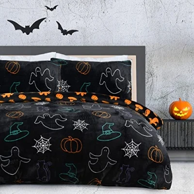 Imagen de Sleepdown Juego de Funda edredón Reversible con Fundas Almohada y Franela Color Negro Naranja para Halloween, tamaño Doble (200 x 200 cm)