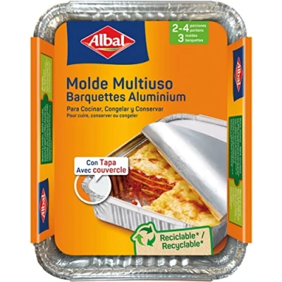 Imagen de Albal Aluminio 22x17x3,5 Centímetros con Tapa Desechables Hornear, Congelar y Conservación de Alimentos 2 4 Porciones 3 Moldes, unidad,