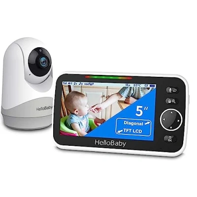 Imagen de HelloBaby Monitor con cámara y audio, pantalla grande de 5 pulgadas batería 3500 mAh, remota zoom panorámico, conversación bidireccional, modo ecológico, visión nocturna automática,