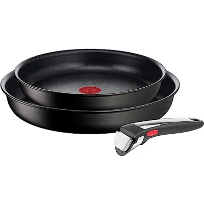 Imagen de Tefal Ingenio Unlimited On Juego de 2 sartenes + mango extraíble: 22 y 26 cm, intercambiable, antiadherentes, revestimiento titanio, Thermo signal, Color Negro