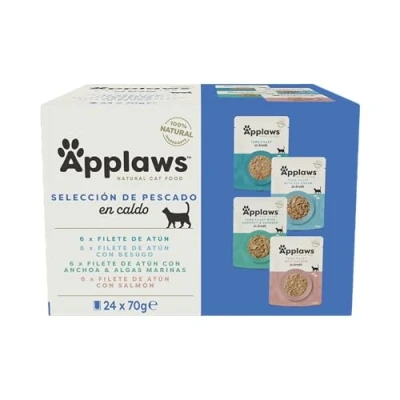 Imagen de Applaws 100% Natural Comida Húmeda para Gatos, Bolsa Multipack Selección de Pescado en Caldo Paquete 24 Bolsas 70 g