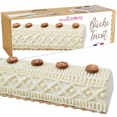 Imagen de SCRAP COOKING Kit de tronco punto Postre Navidad original Con molde, soporte dorado, manga inoxidable, bolsillo/caja pastelera y receta vainilla Marrons Fabricado en Francia
