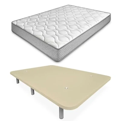 Imagen de amuéblate online Cama Completa con Colchón Carla Reversible + Base Tapizada Extra Reforzada 6 Patas Cilíndricas Metálicas Roscadas, 150 x 190, Beige