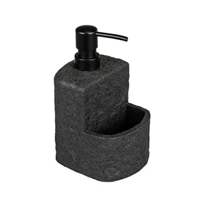 Imagen de Wenko Dispensador de detergente Festival Stone, dosificador jabón rellenable con Aspecto Piedra, poliresina, para Cocina, Compartimento Extra Estropajo, Capacidad 380 ml, 10,5 x 18 11 cm