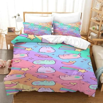 Imagen de Corlor Pusheen Impresión 3D Digital Arco Iris Simple Funda De Edredón para Dormitorio Nórdica Y Almohada con Cremallera Juego Ropa Cama Microfibra 2 Piezas Single（140x200cm）