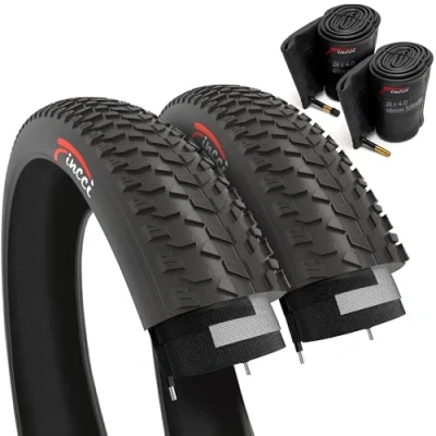Imagen de Fincci Cubiertas Fat Bike 26x4.0 Pulgados Par Neumáticos 100 559 e 2X Cámaras de Aire Schrader Válvula 48mm, para MTB Montaña Nieve, Playa y Arena Fuera del Camino 26 x 4.0 Paquete 2