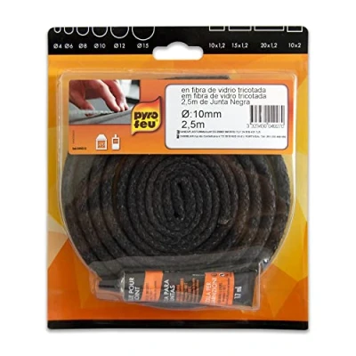 Imagen de Pyro Feu PYROFEU 24927 6 Junta Refractaria Y Tubo Pegamento, Fibra De Vidrio, Negra, Ø 10 mm x 2,5 m