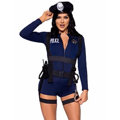 Imagen de Leg Avenue 6 PC Handcuff Hottie, includes zip up romper, pin on badge, garter body harness, toy walkie talkie and handcuffs, police hat.
