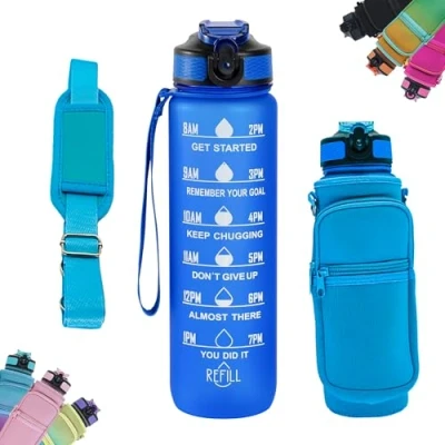 Imagen de Botella de Agua Gimnasio, 1L Con Pajita, Deportiva Funda, Sin BPA, Para Deporte, Motivacional, Medidas Motivadoras.