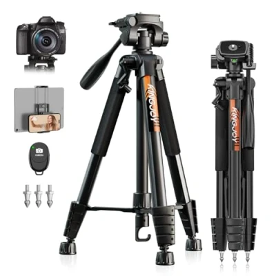 Imagen de KINGJOY Trípode para cámara réflex digital Canon Nikon de 75 pulgadas, aluminio, ligero, con funda, soporte universal teléfono y mando a distancia inalámbrico, carga máxima 5 kg, VTS 990L