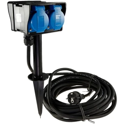 Imagen de Bloque de enchufes para jardín, resistente a la intemperie, latas con tapa, 230 V/16 A, conector 4 enchufes, 10 m cable goma