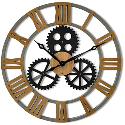 Imagen de FLEXISTYLE Reloj de Pared diseño Industrial, Grande, 80 cm diámetro, Retro, Vintage, Aspecto Madera Roble, sin Ruido tictac, para salón (Gris)