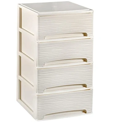 Imagen de COM FORT HOUSE Cajonera Apilable de Plástico Modelo Ondas Color Blanco Roto 4 Cajones Almacenamiento Modular
