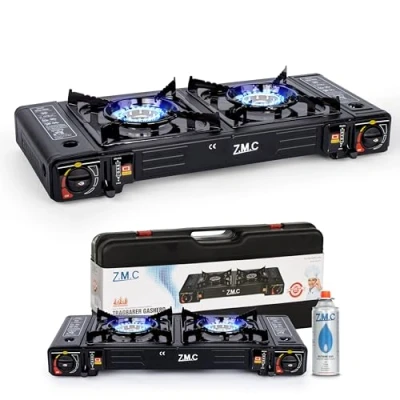 Imagen de Z.M.C ZMC Hornillo de gas para camping (2 focos, 2,5 kW, incluye adaptador conexión LPG + maletín almacenamiento)
