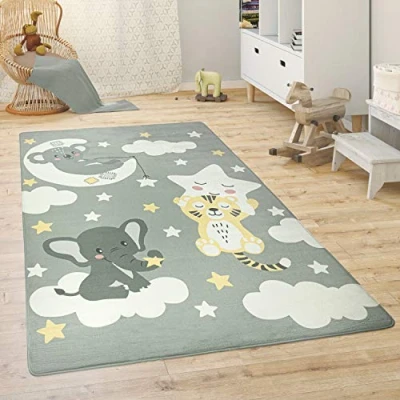 Imagen de Paco Home Alfombra para Habitación Infantil Juegos Bebé Animales Arco Iris Corazón, tamaño:155x230 cm, Color:Beige