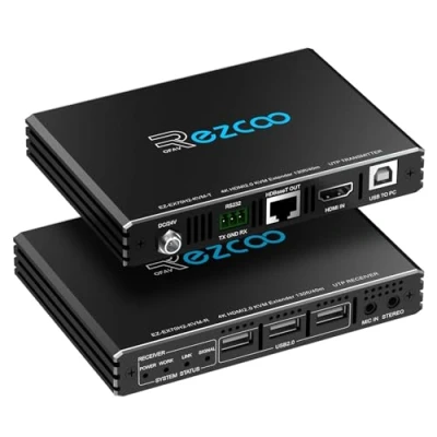 Imagen de ROFAVEZCO Extensor KVM HDMI 4K USB sin comprimir 60Hz HDR individual sobre Cat5e/6 hasta 300 pies, 3 puertos 2.0 Hub POE+RS232+EDID+audio estéreo de 3.5 mm y micrófono, EX70H2KVM