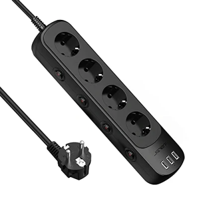 Imagen de JSVER Regleta Enchufe con USB de 4 Tomas 3 Puertos Alargadera Electrica(3680W) Interruptor Individual para el hogar, la Oficina y los ViajesCable 2m Negro