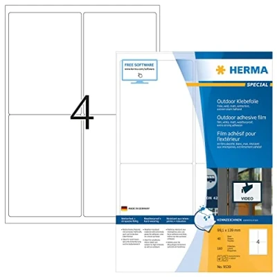Imagen de HERMA etiquetas autoadhesivas resistentes a la intemperie, 4 por hoja A4, 160 para impresoras láser, 99,1 x 139 mm (9539)