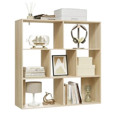 Imagen de eSituro Librería Madera, Estantería para Libros 3 Niveles, Estante de Almacenamiento Modular Salón, Oficina, Dormitorio, Estudio, 7 Compartimentos 2 tamaños, Roble Claro, 100x100x30 cm