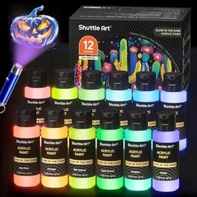 Imagen de Shuttle Art Pinturas Acrilicas Fluorescente Luminosas, 12 Colores (2oz/60ml) Pintura que Brillan en la Oscuridad con Lámpara UV, Neon para Textil Lienzo, Glow in The Dark Decoraciones