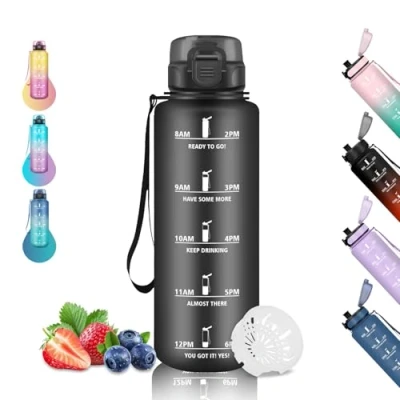 Imagen de Botella Agua, 1.5 Litros, Agua Gimnasio con Filtro, Reutilizable a Prueba de Fugas, Eslogan Motivacional, Cantimplora para Correr, Senderismo, Yoga, Cámping