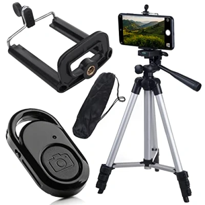 Imagen de Maclean MC 165 Trípode Universal de 1/4&quot; con Soporte para teléfono, Disparador Remoto Bluetooth y Funda Transporte Apto cámaras Videocámaras Smartphones Anillos