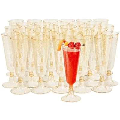 Imagen de MATANA 50 Copas de Champán Plástico con Brillo Dorado, 150ml Flautas Champagne, Cava, Vino Plastico Duro Reutilizable para Bodas, Cumpleaños, Fiestas