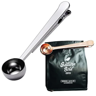 Imagen de MINGZE 2 En 1 Cuchara De Acero Inoxidable Medidora Café Con Bolsa Sellado Clip, Para Especias Polvo Fruta Ice Cream, Aptas El Lavavajillas (Plata)