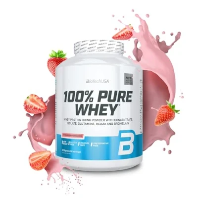 Imagen de BioTechUSA 100% Pure Whey Proteína en Polvo con BCAA y Glutamina Sin Gluten, Aceite de Palma, 2.27 kg, Fresa