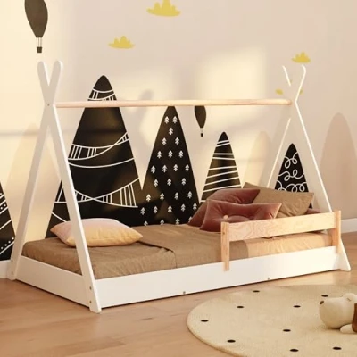 Imagen de smartwood Tipi F Cama Infantil 80x160 con somier y barandilla Montessori en Forma de casa para niños niñas Madera a Res Suelo 160x80 Blanco