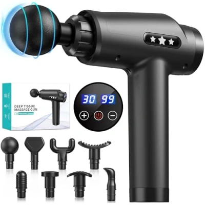 Imagen de Pistola de Masaje Muscular, Masajeadora Muscular con 30 Niveles Velocidades, 8 Cabezales Masaje, Eléctrica Masajeador Tejido Profundo, Pantalla LCD Táctil y Carga Tipo C (Negro)