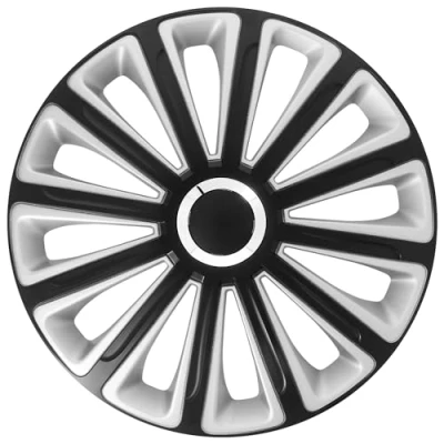 Imagen de Juego de 4 Tapacubos 15 Pulgadas Diseño Alaska Black Silver, Acabados en Cromado y Negro ABS Resistente a Fuertes Impactos, Duradero Fiable con Anillo sujeción Ajustable