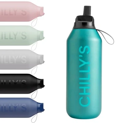 Imagen de Chilly&#039;s Serie 2 Flip Botella con Tapa deportiva, pajita telescópica y anillo de transporte nailon abre fácil, cepillo limpieza para incluido 500ml Atlantis