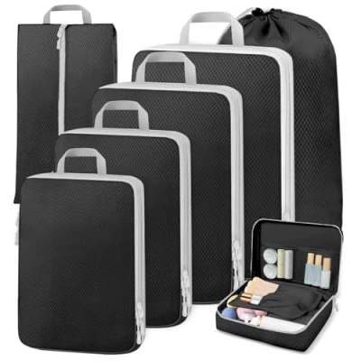 Imagen de Otauoaea Bolsas Organizadoras Maleta, 7 en 1 Set Organizador Maleta Viaje, Compression Packing Cubes para Ropa, Zapatos, Ropa Interior, Negro