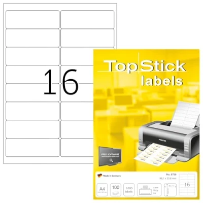 Imagen de TopStick 8756 etiquetas autoadhesivas para direcciones A4 (99,1 x 33,9 mm, papel) 100 hojas, 16 por hoja, 1600 etiquetas, impresoras inkjet y láser