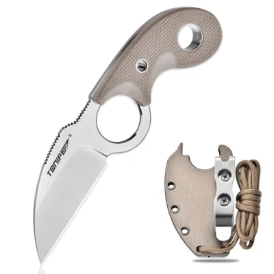 Imagen de TONIFE Crescent Cuchillo de Cuello al Aire Libre Hoja Fija 8Cr14MoV Acero con Funda Cordón y el Clip Full Tang Supervivencia (Arena Cálida+Satén)