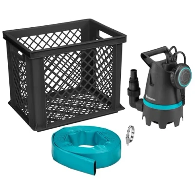 Imagen de Gardena Set inundación 10500: Bomba sumergible con caudal de 10500 l/h, función automática, filtro partículas hasta 25 mm, incl. conexión manguera y caja almacenamiento, 400 W (9009 47)