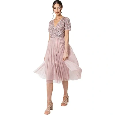 Imagen de Maya Deluxe Vestido de Noche Midi Adornado para Mujer, Cuello En V con Manga Corta Graduación, Boda Dama Honor, Rosa Esmerilado, 50
