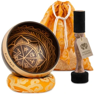 Imagen de Juego de Cuenco Tibetano Chakra para Yoga, Meditación y Relajación Pintado a Mano Ø 10 cm, Mazo Doble con Fieltro Cuero, Cojín Anular, Bolsa e Instrucciones
