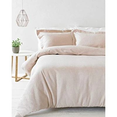Imagen de Riva Paoletti Individual Funda Nórdica Conjunto Blush Pink Waffle Textura De La Armadura 1 X Almohada Oxford Frontera Incluye 100% Algodón Lavable A Máquina 137 200 Cm (54&quot; 79&quot; Pulgadas)