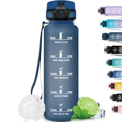 Imagen de Grsta Botella Agua, Agua 1 Litro con Filtro, Gimnasio a Prueba de Fugas, Motivacional Marca Tiempo, Fácil Limpiar, para Senderismo, Yoga, Correr