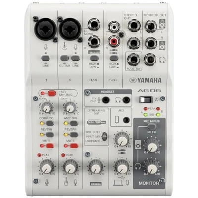 Imagen de Yamaha AG06MK2 Mezclador de Transmisión en Vivo 6 Canales con Interfaz Audio USB, para Windows, Mac, iOS y Android, Blanco