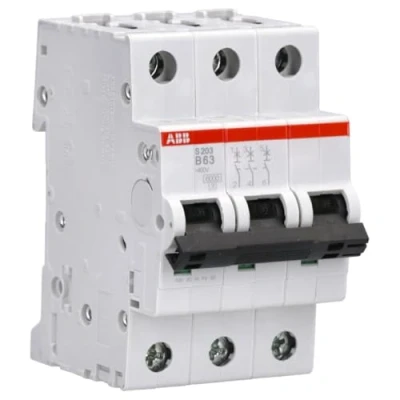 Imagen de Interruptor automático S203 B63, 3P, curva tipo B, 63 A, capacidad de corte máxima 6 kA a 400 VAC (Referencia: ABB 2CDS253001R0635) Blanco y Rojo