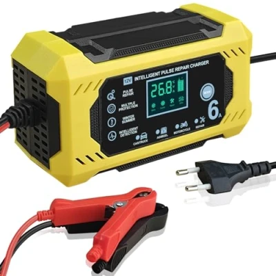 Imagen de Cargador Baterias Coches Moto 12V 6A Inteligente Completamente Automático con Pantalla Táctil LCD,Automática de Detección Reparación Mantenimiento y Múltiples Protecciones para Plomo ácido/AGM/Gel