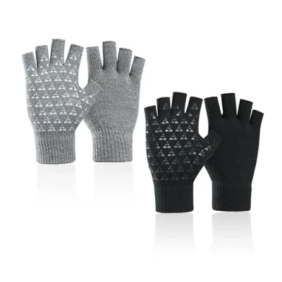 Imagen de 2 pares de guantes medio dedo, cálidos invierno, antideslizantes sin dedos, punto elásticos, neutros adecuados para correr, ciclismo (negro, gris