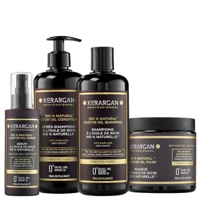 Imagen de Kerargan Shampoing, Après Masque et Sérum à l’huile de Ricin, d’argan camomille, Stimule la pousse vos cheveux réduit leurs chutes Sans sulfate, paraben silicone 2x500 ml
