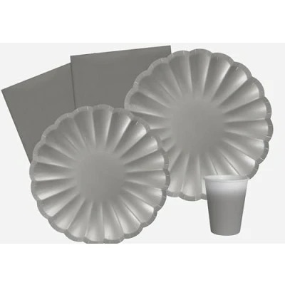 Imagen de Ciao Kit Mesa Fiesta Party Flower Shape para 24 personas (112 piezas: platos Ø23cm, Ø18cm, vasos 200ml, 40 servilletas 33x33cm) en papel compostable eco friendly, plata