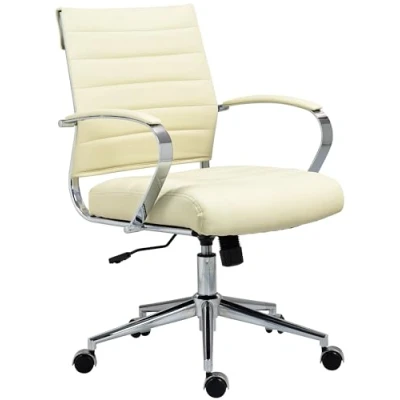 Imagen de CLP Silla de Oficina Oakland en Cuero Real, Polipiel o Tela I Escritorio Moderna con reposabrazos &amp; Ruedas, Color:Crema, Material:Cuero Sintetico