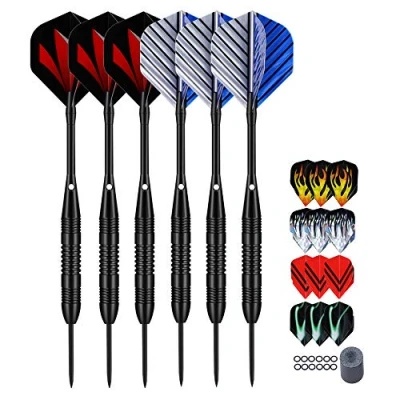 Imagen de LARRITS Professional 6 Pack 23 Grams Steel Tip Darts Set with Black Aluminum Shafts, Include 9pcs Standard Flights + Laser 12pcs Rubber Rings Dart Sharpener and Storage Case